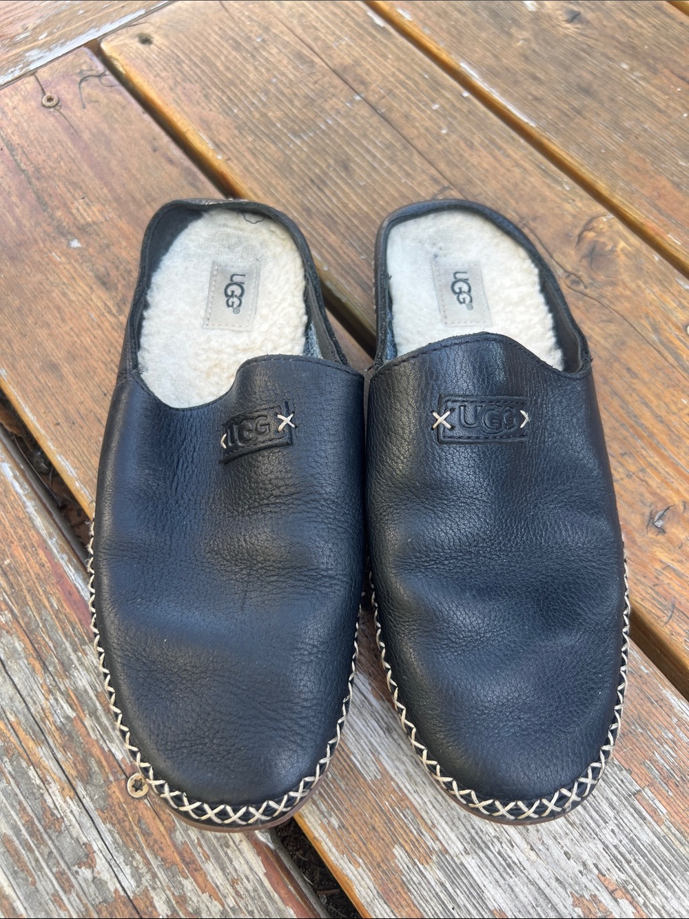UGG Women Black Leather Shearling-Lined Slip-Ons